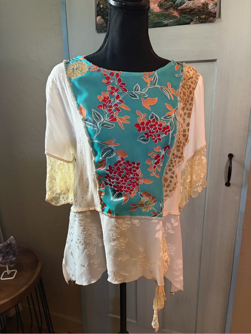 Floral Patchwork Boho Blouse in Teal & White Spencer Alexis